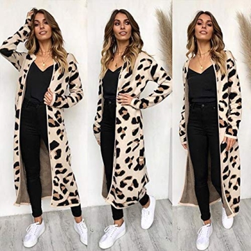 BTFBM Women Long Sleeve Open Front Leopard Knit Long Cardigan Casual Print Knitted Maxi Sweater Coat Outwear with Pockets