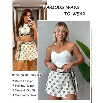 Breoklla Mini Wrap Skort for Women Flowy Bodycon Print Shirt Short Elastic Waist Fall Casual Beige S...