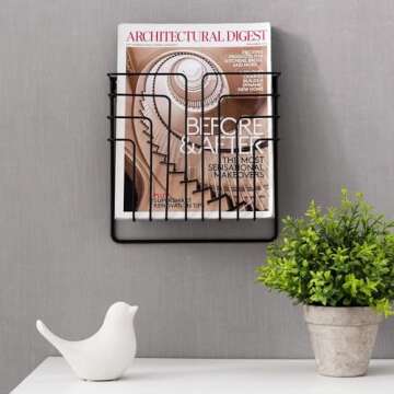 MyGift Modern Design Black Metal Wire Wall Mounted Magazine and File Folder Holder Organizer Rack
