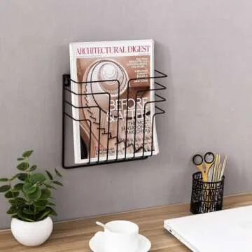 MyGift Modern Design Black Metal Wire Wall Mounted Magazine and File Folder Holder Organizer Rack
