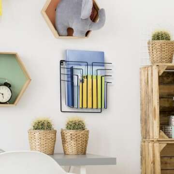 MyGift Modern Design Black Metal Wire Wall Mounted Magazine and File Folder Holder Organizer Rack