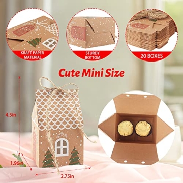 ANCIENTPWR 20 PCS Small Christmas Gingerbread Treat Boxes, Small Bulk Christmas Gifts Boxes Mini Christmas Party Favor Boxes Gift Bags Wrapping