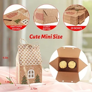 ANCIENTPWR 20 PCS Small Christmas Gingerbread Treat Boxes, Small Bulk Christmas Gifts Boxes Mini Christmas Party Favor Boxes Gift Bags Wrapping