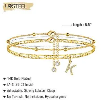 Ursteel Initial Ankle Bracelets for Women, 14K Gold Plated Ankle Bracelet with Initial K Dainty Adjustable Beaded Chain Chain Gold Anklets for Women Jewelry