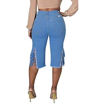 DvaeMalligo Blue Denim Jean Shorts Womens High Waisted Ripped Stretchy Destroyed Distressed Raw Hem Tassels Bermuda Shorts(Blue,XL)