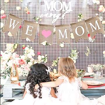 Rustic We Love Mom Burlap Garland Banner for Mother's Day Decorations