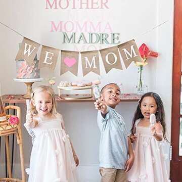 Rustic We Love Mom Burlap Garland Banner for Mother's Day Decorations