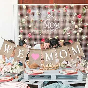 Rustic We Love Mom Burlap Garland Banner for Mother's Day Decorations