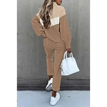 Fixmatti Women's 2 Piece Color Block Outfits Lantern Sleeve Sweatsuit Matching Sweatpants Set Tracksuit Coffee L