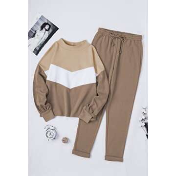 Fixmatti Women's 2 Piece Color Block Outfits Lantern Sleeve Sweatsuit Matching Sweatpants Set Tracksuit Coffee L