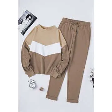 Fixmatti Women's 2 Piece Color Block Outfits Lantern Sleeve Sweatsuit Matching Sweatpants Set Tracksuit Coffee L