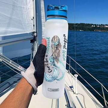 64HYDRO 32oz 1Liter Motivational Water Bottle with Time Marker & Removable Strainer, Flip Top Leakproof Durable BPA Free Non-Toxic for Home, Work, Gym Fitness, Sports - Can't Be Mermaid without Water