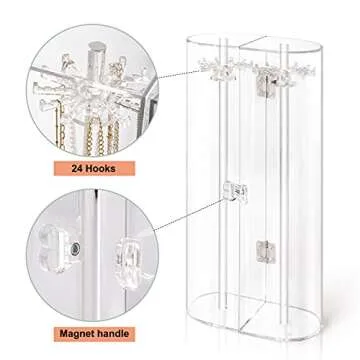 Acrylic Necklace Holder, Clear Necklace Organizer with 24 Hooks, Dustproof Rotation Jewelry Storage Holder Stand, Long Necklaces Pendant Bracelets Display Case for Dresser Bathroom Vanity Countertop
