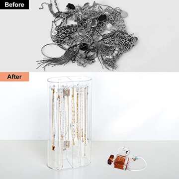 Acrylic Necklace Holder, Clear Necklace Organizer with 24 Hooks, Dustproof Rotation Jewelry Storage Holder Stand, Long Necklaces Pendant Bracelets Display Case for Dresser Bathroom Vanity Countertop