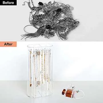 Acrylic Necklace Holder, Clear Necklace Organizer with 24 Hooks, Dustproof Rotation Jewelry Storage Holder Stand, Long Necklaces Pendant Bracelets Display Case for Dresser Bathroom Vanity Countertop