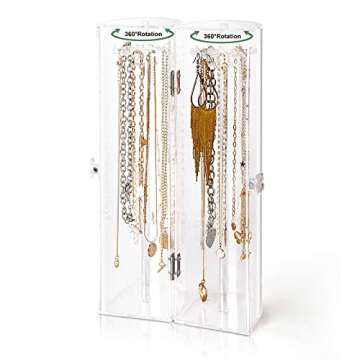 Acrylic Necklace Holder, Clear Necklace Organizer with 24 Hooks, Dustproof Rotation Jewelry Storage Holder Stand, Long Necklaces Pendant Bracelets Display Case for Dresser Bathroom Vanity Countertop