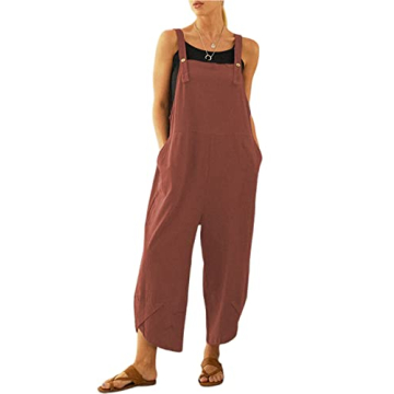 UANEO Womens Cotton Adjustable Casual Summer Bib Overalls Jumpsuits with Pockets (Red, Medium)