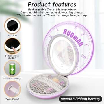 ViKert Travel Makeup Bag with Led Mirror, Compact Makeup Bag with LED Mirror, Portable Makeup Bag with Mirror and Light,Travel Rechargeable Makeup Bag with Led Lights(Purple)