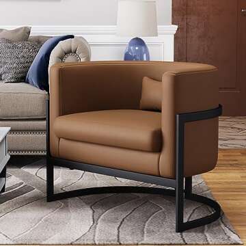 Apeaka Brown Faux Leather Barrel Accent Chair Modern Upholstered Armchair for Living Room Bedroom Single Sofa Chair Club Side Chairs