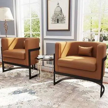 Apeaka Brown Faux Leather Barrel Accent Chair Modern Upholstered Armchair for Living Room Bedroom Single Sofa Chair Club Side Chairs