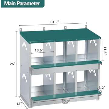 Toriexon Chicken Nesting Box, 6 Compartment Metal Nesting Box, 6 Room Wall Mountable Nesting Boxes for Chicken, Green