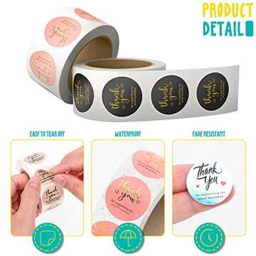 3000Pcs 1Inch Thank You Stickers, 6Rolls Thank You for Supporting My Small Business Stickers Handmand Thank You for Your Order Stickers Labels Packing Supplies for Baking Envelopes Gift Wraps Crafts