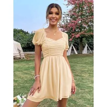 MakeMeChic Women's Puff Sleeve Sweetheart Ruched A Line Swing Short Dress Beige A S