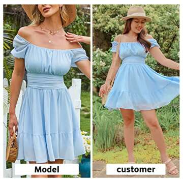 EXLURA Women's Tie Back Square Neck Short Puff Sleeve Casual Dresses A Line Sundress Mini Dress Light Blue