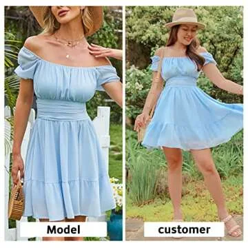 EXLURA Women's Tie Back Square Neck Short Puff Sleeve Casual Dresses A Line Sundress Mini Dress Light Blue