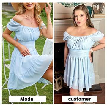 EXLURA Women's Tie Back Square Neck Short Puff Sleeve Casual Dresses A Line Sundress Mini Dress Light Blue