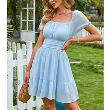 EXLURA Women's Tie Back Square Neck Short Puff Sleeve Casual Dresses A Line Sundress Mini Dress Light Blue