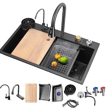 ARTLINE Black Stainless Steel Waterfall Kitchen Sink with Faucet - Modern & Durable