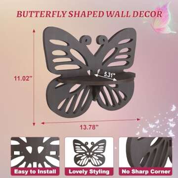 Butterfly Shaped Nursery Wall Deor Floating Shelf, Small Decorative Shelf Wall Mounted, Cute Wall Display Rack for Kid’s Room, Hanging Wall Shelf for Toys, Plants and Decorations Storage,Walnut Color