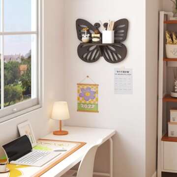 Butterfly Shaped Nursery Wall Deor Floating Shelf, Small Decorative Shelf Wall Mounted, Cute Wall Display Rack for Kid’s Room, Hanging Wall Shelf for Toys, Plants and Decorations Storage,Walnut Color