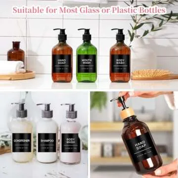 HVSWLY 24PCS Waterproof Soap Dispenser Labels for Glass/Plastic Bottles, Black Soap Dispenser Labels, Bathroom Labels for Hand Soap,Shampoo,Conditioner,Mouthwash and Lotion (2.6"x2.6")