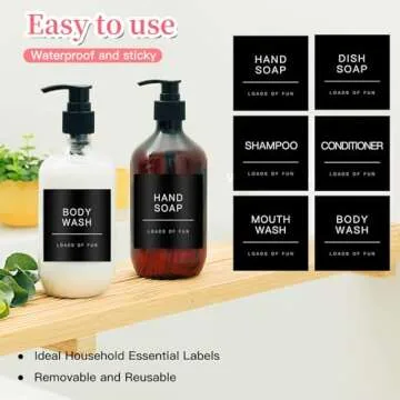 HVSWLY 24PCS Waterproof Soap Dispenser Labels for Glass/Plastic Bottles, Black Soap Dispenser Labels, Bathroom Labels for Hand Soap,Shampoo,Conditioner,Mouthwash and Lotion (2.6"x2.6")