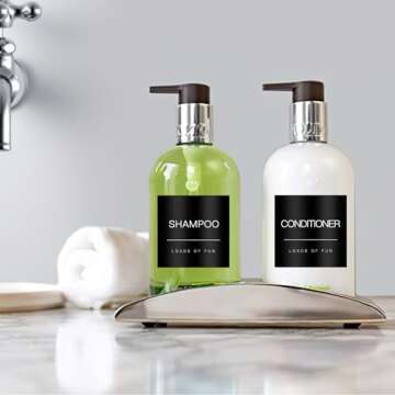 HVSWLY 24PCS Waterproof Soap Dispenser Labels for Glass/Plastic Bottles, Black Soap Dispenser Labels, Bathroom Labels for Hand Soap,Shampoo,Conditioner,Mouthwash and Lotion (2.6"x2.6")