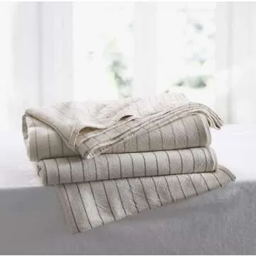 Cuddledown Rockland Blanket | 100% American Grown Cotton | Made in Maine | Heritage Craftsmanship | Natural/Flax Stripe | Full/Queen Size