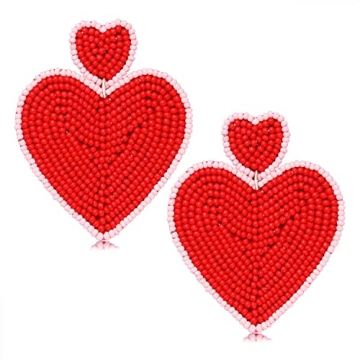Heart Earrings for Women Hypoallergenic Beaded Statement Dangle Earrings Boho Handmade Red Love Hear...