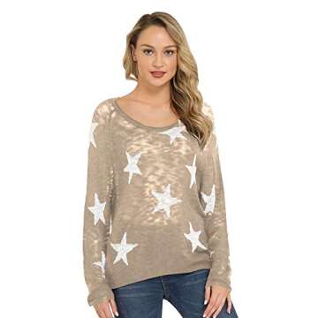 Pink Queen Womens Off Shoulder Sweater Long Sleeve Wide V Neckline Stars Print Pullover S Khaki