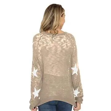 Pink Queen Womens Off Shoulder Sweater Long Sleeve Wide V Neckline Stars Print Pullover S Khaki