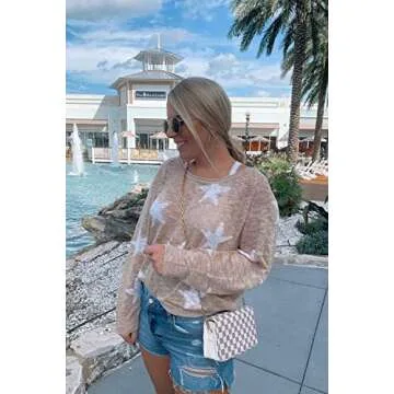 Pink Queen Womens Off Shoulder Sweater Long Sleeve Wide V Neckline Stars Print Pullover S Khaki