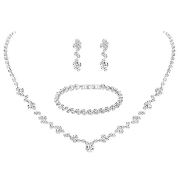 Tatibana Crystal Wedding Jewelry Set, Silver Necklace Earrings Bracelet Crystal Bridal Wedding Jewel...