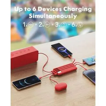 Portable Charger with Built in Cables, Portable Charger with Cords Wires Slim 10000mAh Travel Battery Pack 6 Outputs 3 Inputs 3A Fast Charging Power Bank for Samsung Google Pixel LG Moto iPhone iPad