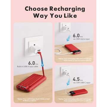 Portable Charger with Built in Cables, Portable Charger with Cords Wires Slim 10000mAh Travel Battery Pack 6 Outputs 3 Inputs 3A Fast Charging Power Bank for Samsung Google Pixel LG Moto iPhone iPad