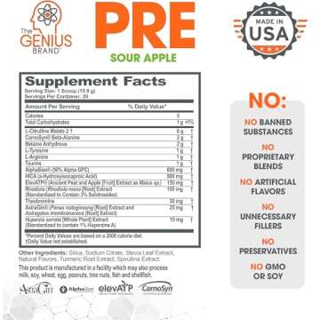 Genius Pre Workout Powder, Sour Apple - All-Natural Nootropic Pre-Workout & Caffeine-Free Nitric Oxide Booster Supplement with Beta Alanine & Alpha GPC - No Artificial Flavors, Sweeteners, or Dyes