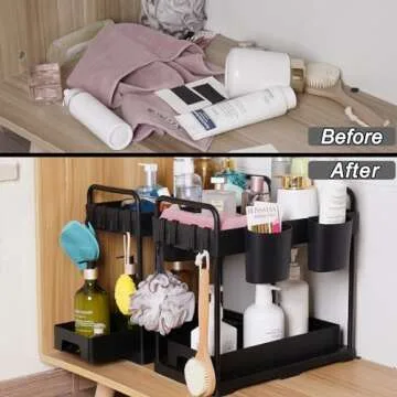 2 Pack Under Kitchen Sink Organizers Storage, 2-Tier Sliding Under Bathroom Cabinet Storage Drawer Organizer with Hooks, Hanging Cup, Handles, multi-purpose Under Sink Shelf Organizer, Black