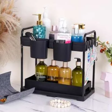 2 Pack Under Kitchen Sink Organizers Storage, 2-Tier Sliding Under Bathroom Cabinet Storage Drawer Organizer with Hooks, Hanging Cup, Handles, multi-purpose Under Sink Shelf Organizer, Black