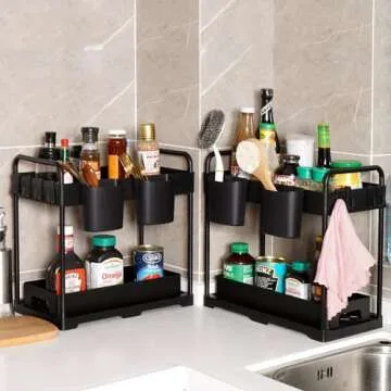 2 Pack Under Kitchen Sink Organizers Storage, 2-Tier Sliding Under Bathroom Cabinet Storage Drawer Organizer with Hooks, Hanging Cup, Handles, multi-purpose Under Sink Shelf Organizer, Black