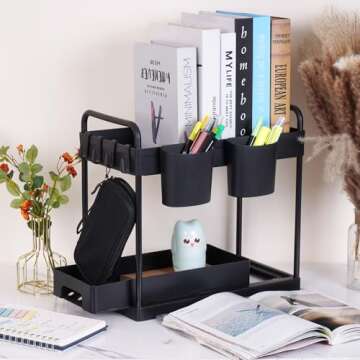 2 Pack Under Kitchen Sink Organizers Storage, 2-Tier Sliding Under Bathroom Cabinet Storage Drawer Organizer with Hooks, Hanging Cup, Handles, multi-purpose Under Sink Shelf Organizer, Black